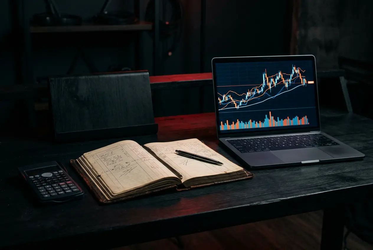 Calculator, ledger and laptop on a dark desk
