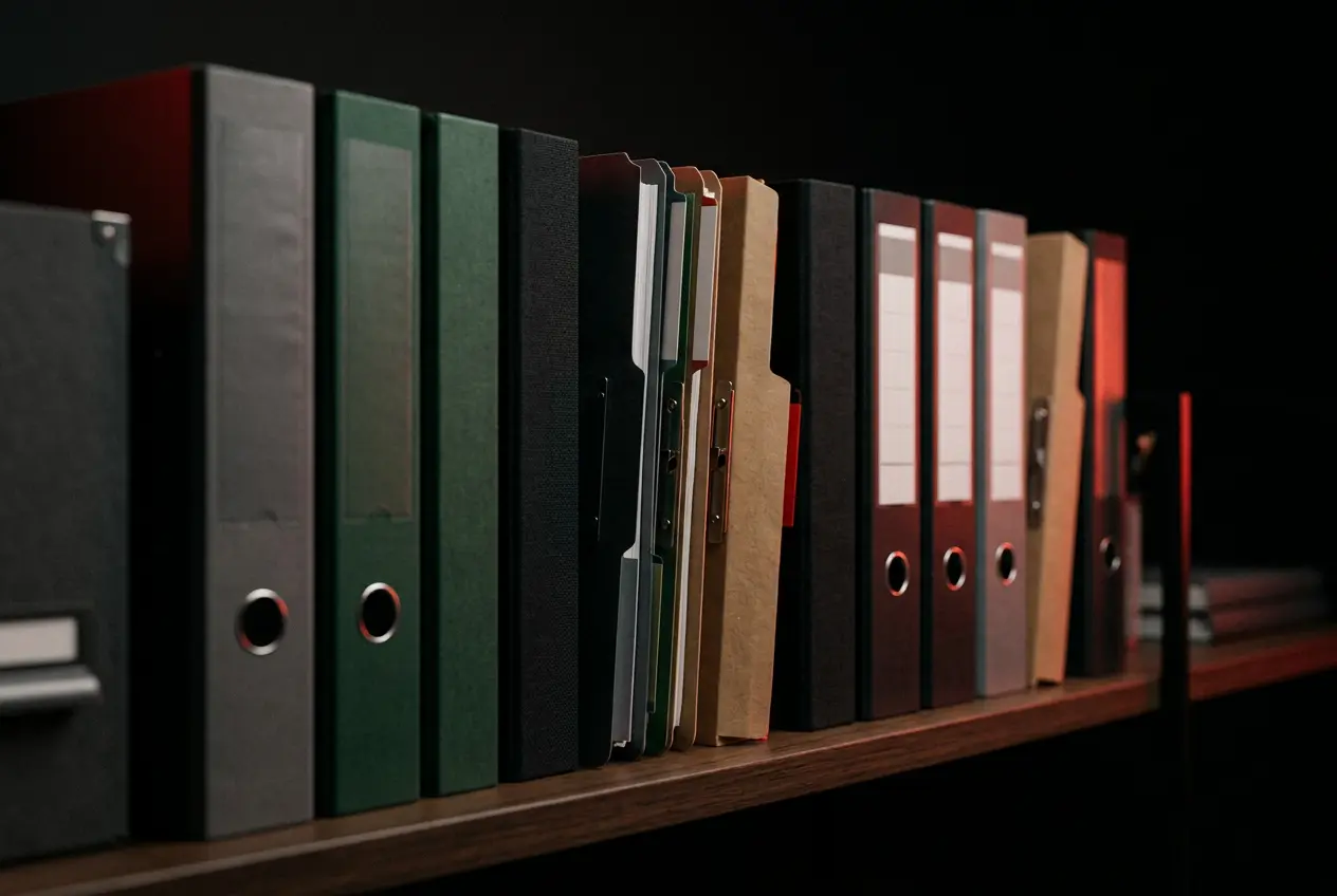 Organised file folders on an office shelf