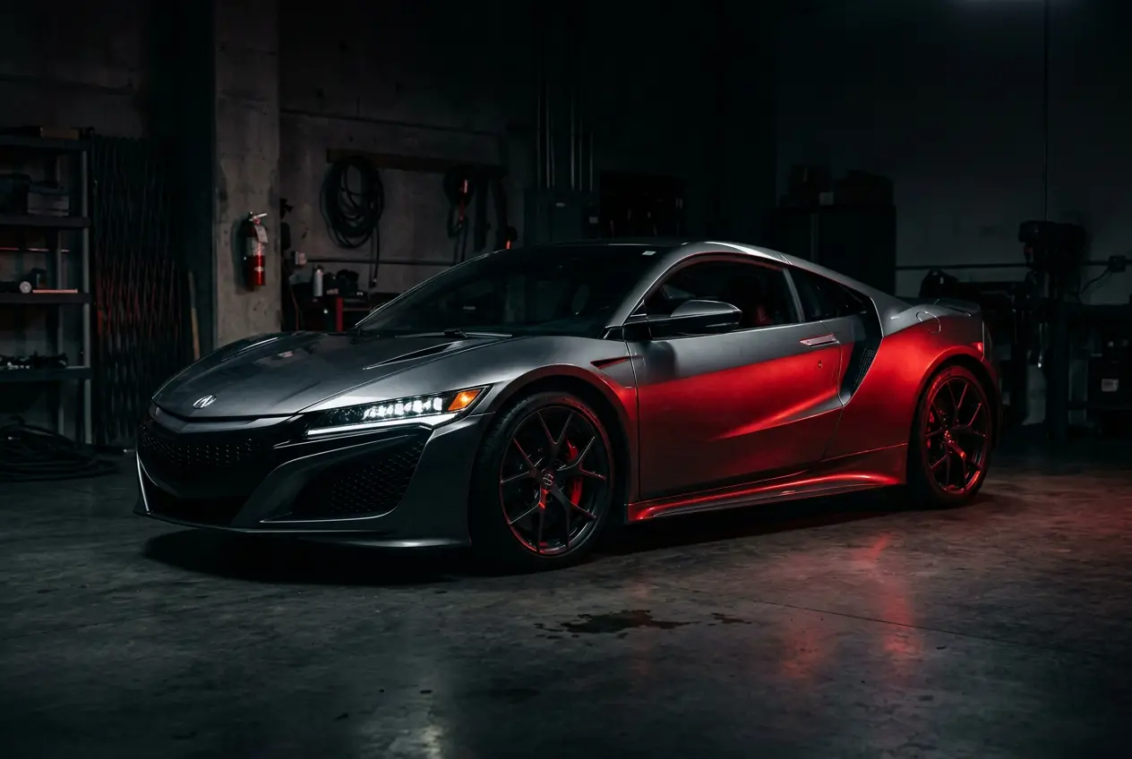 Sports car in a dark garage under spotlights