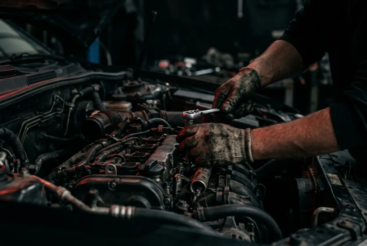 Mechanic's hands working on an engine