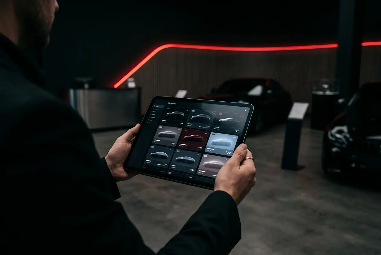 Tablet with a vehicle inventory page in a dealership