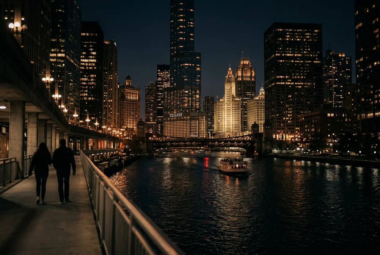 Chicago skyline over the river at night