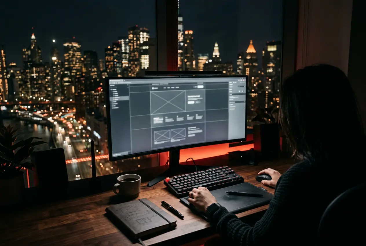 Designer workspace overlooking Chicago towers