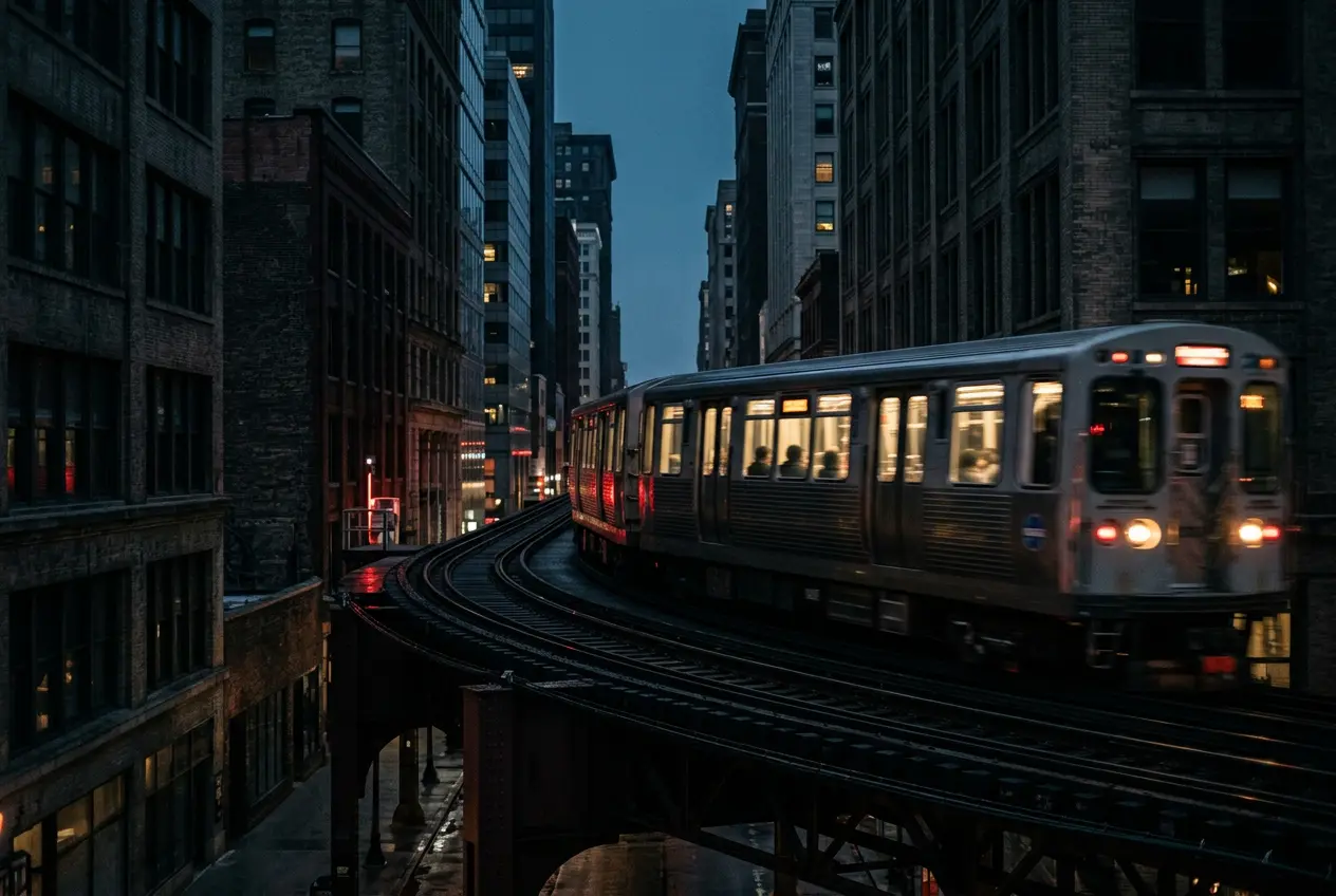Elevated train passing city buildings