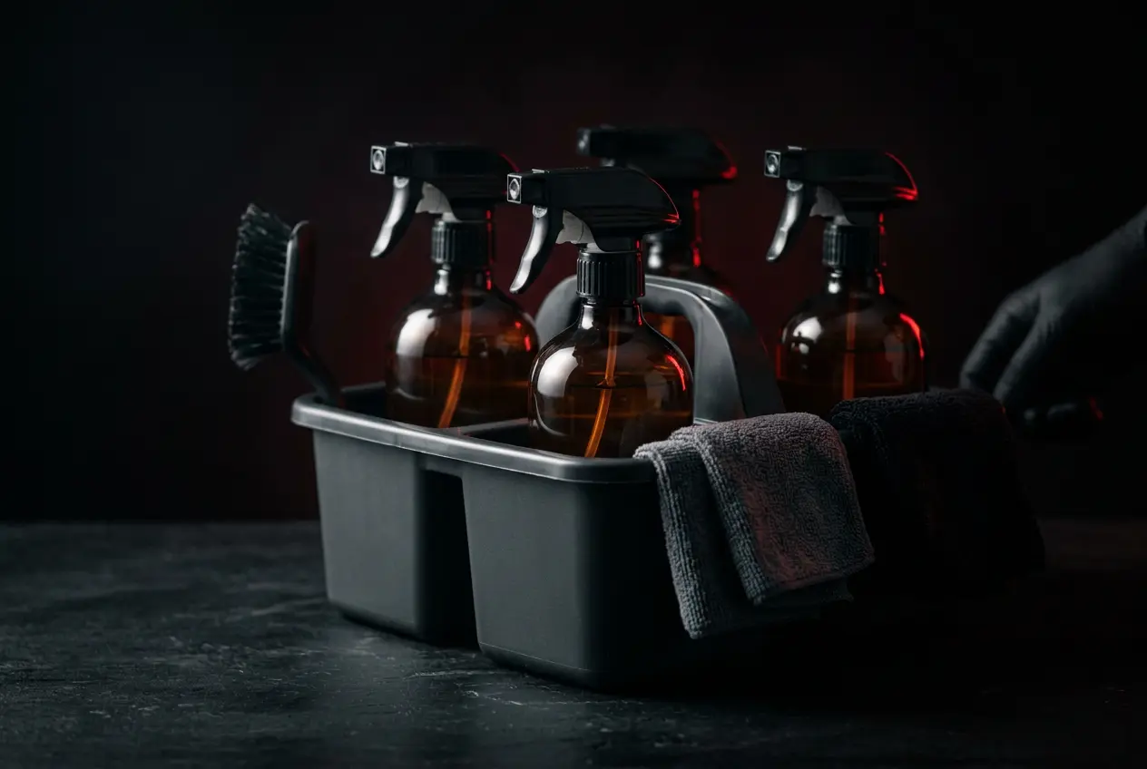 Cleaning supplies neatly arranged in a caddy