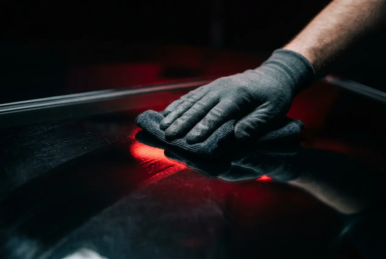 Gloved hand wiping a glass surface