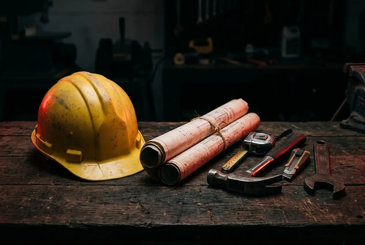 Construction tools and blueprints on a dark workbench