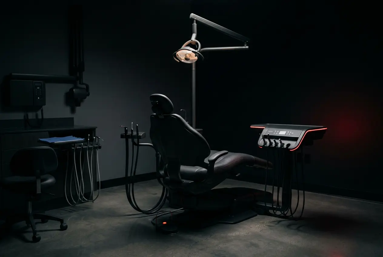 Modern dental clinic chair in a dim treatment room