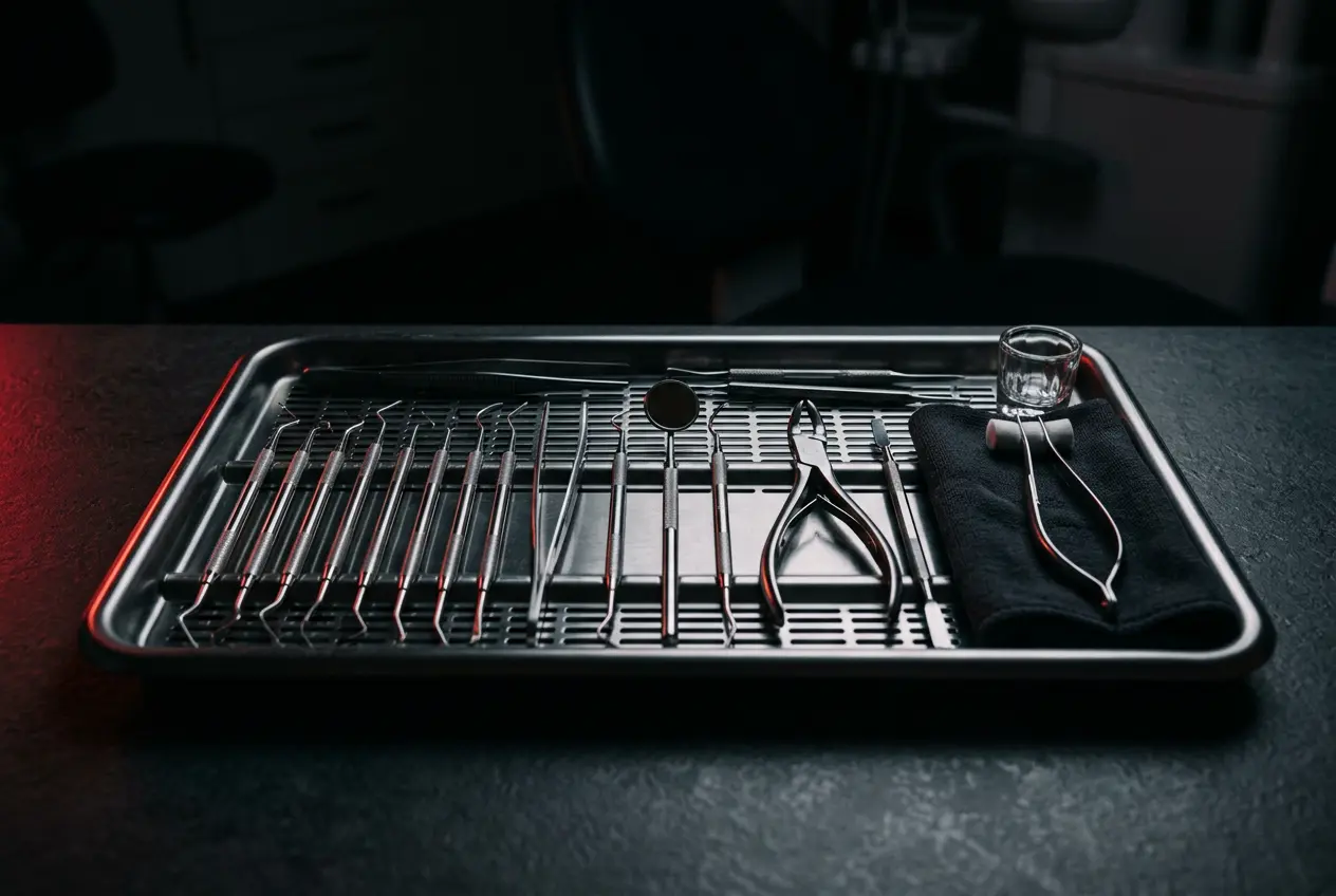 Dental instruments neatly arranged on a tray