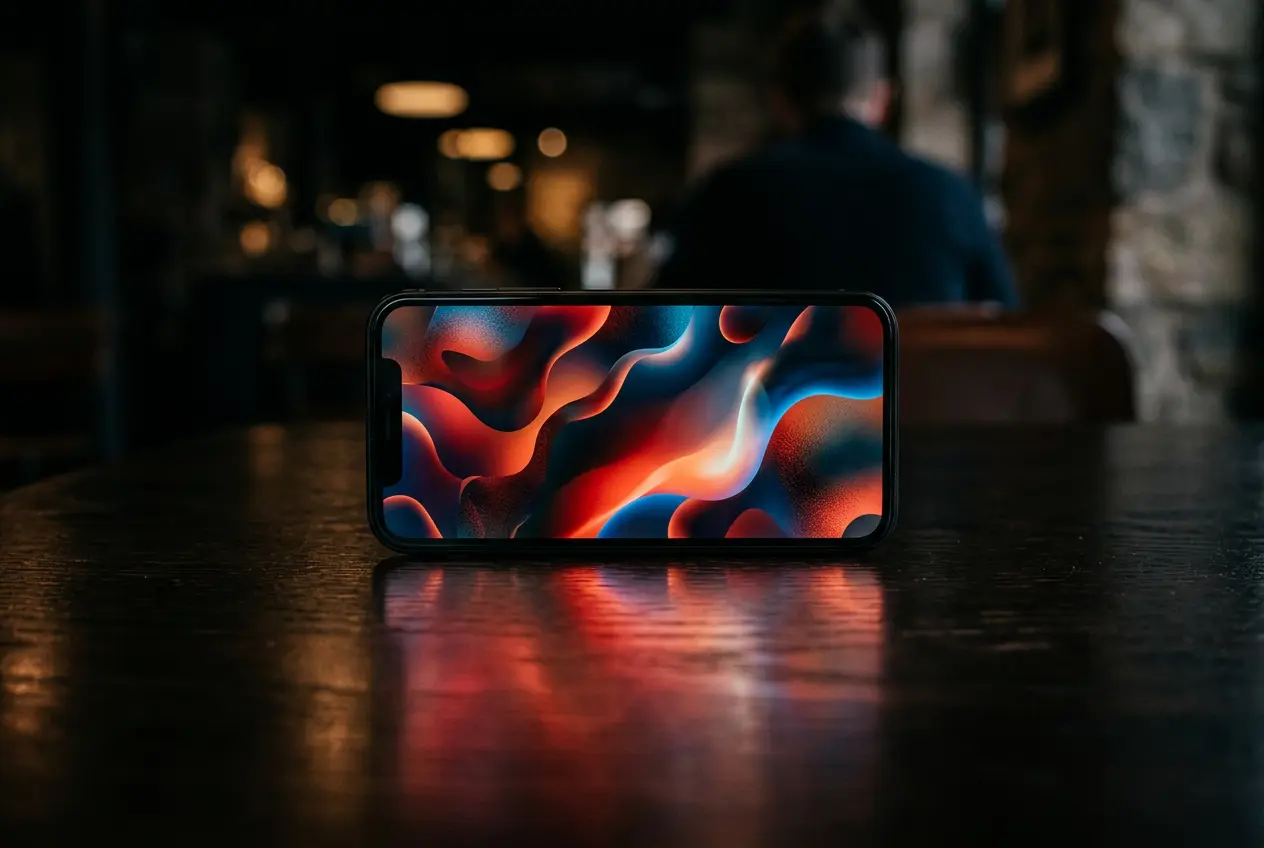 Smartphone displaying a social media ad on a dark table