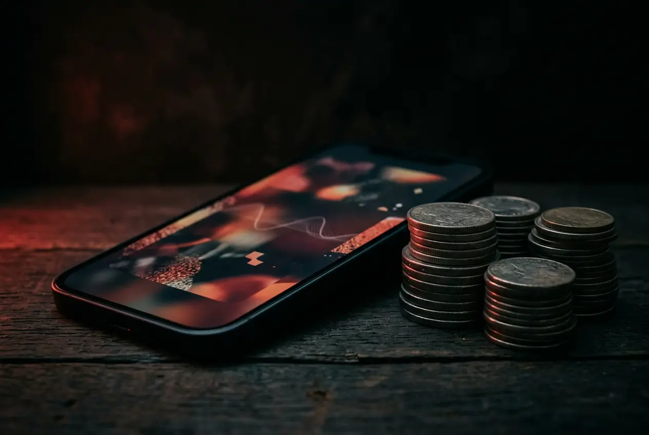 Coins and a smartphone with a social ad