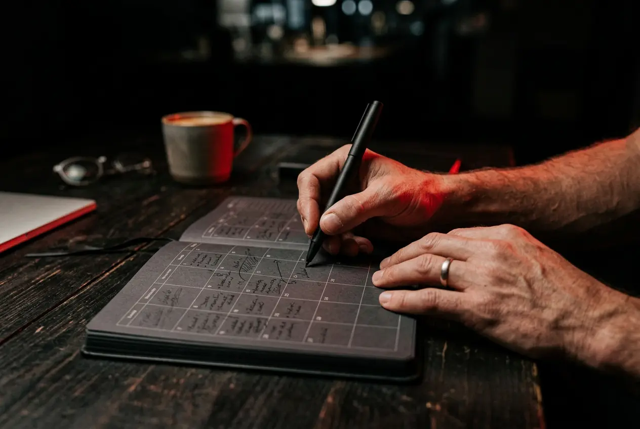 Hands planning a marketing calendar