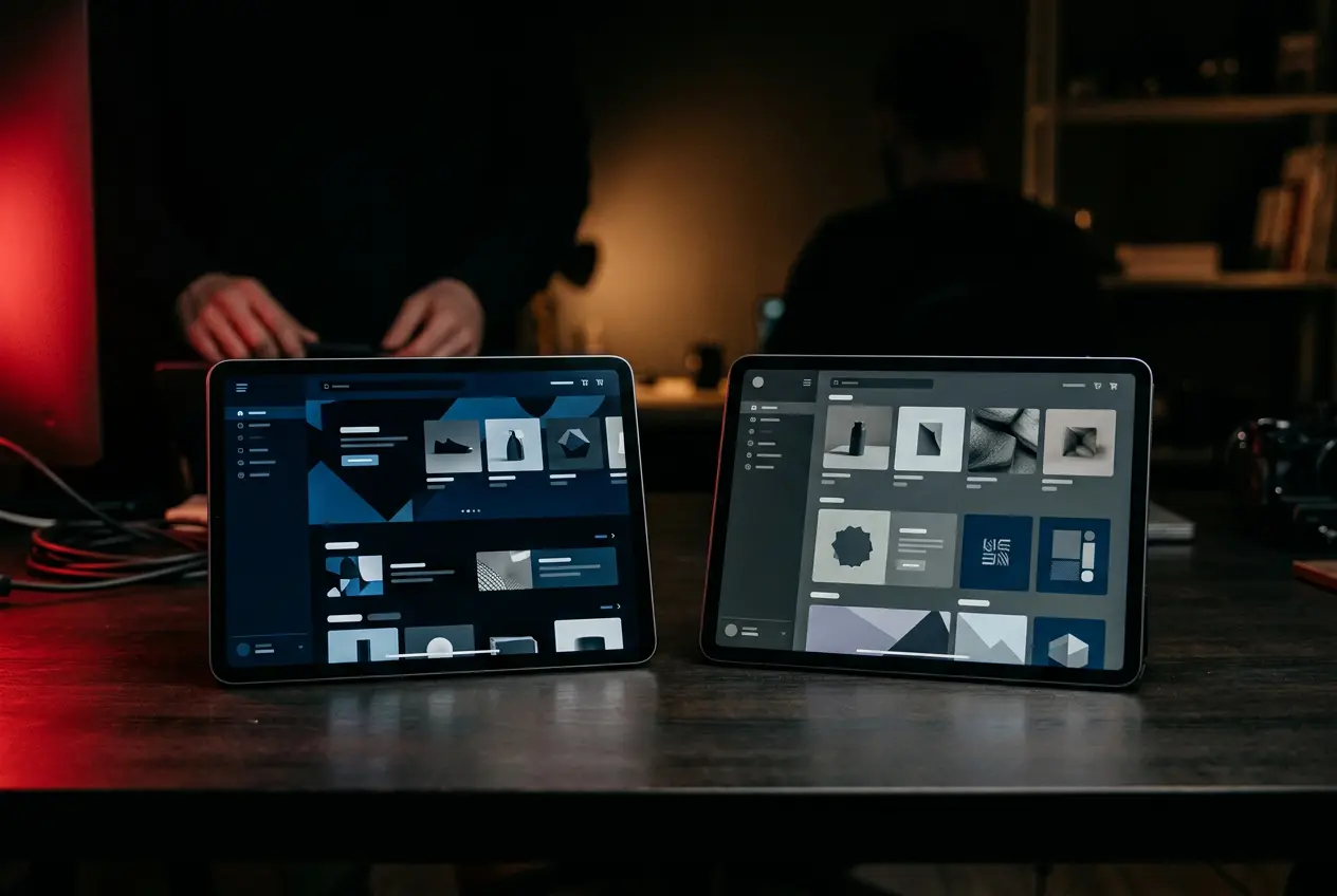 Two tablets showing different online store layouts