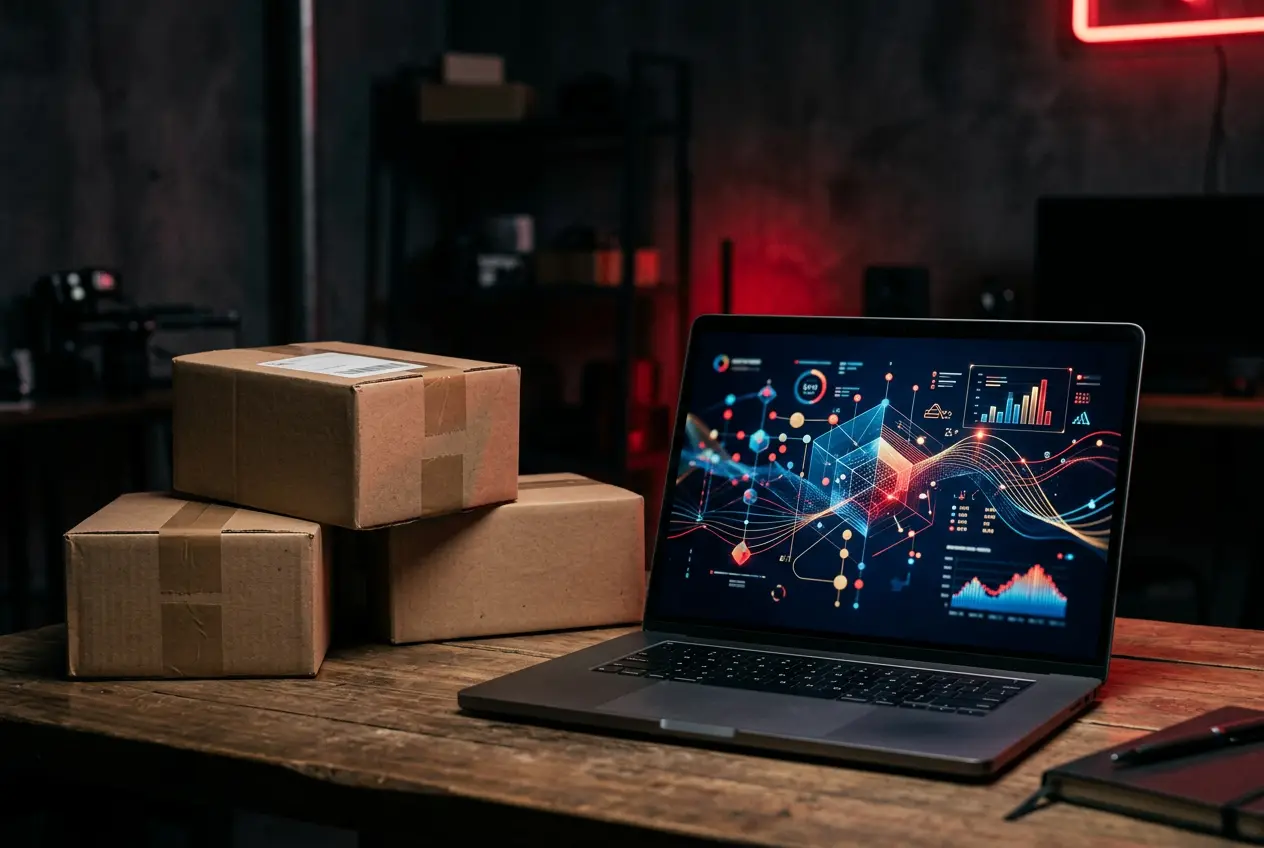 Parcels and a laptop with an order dashboard