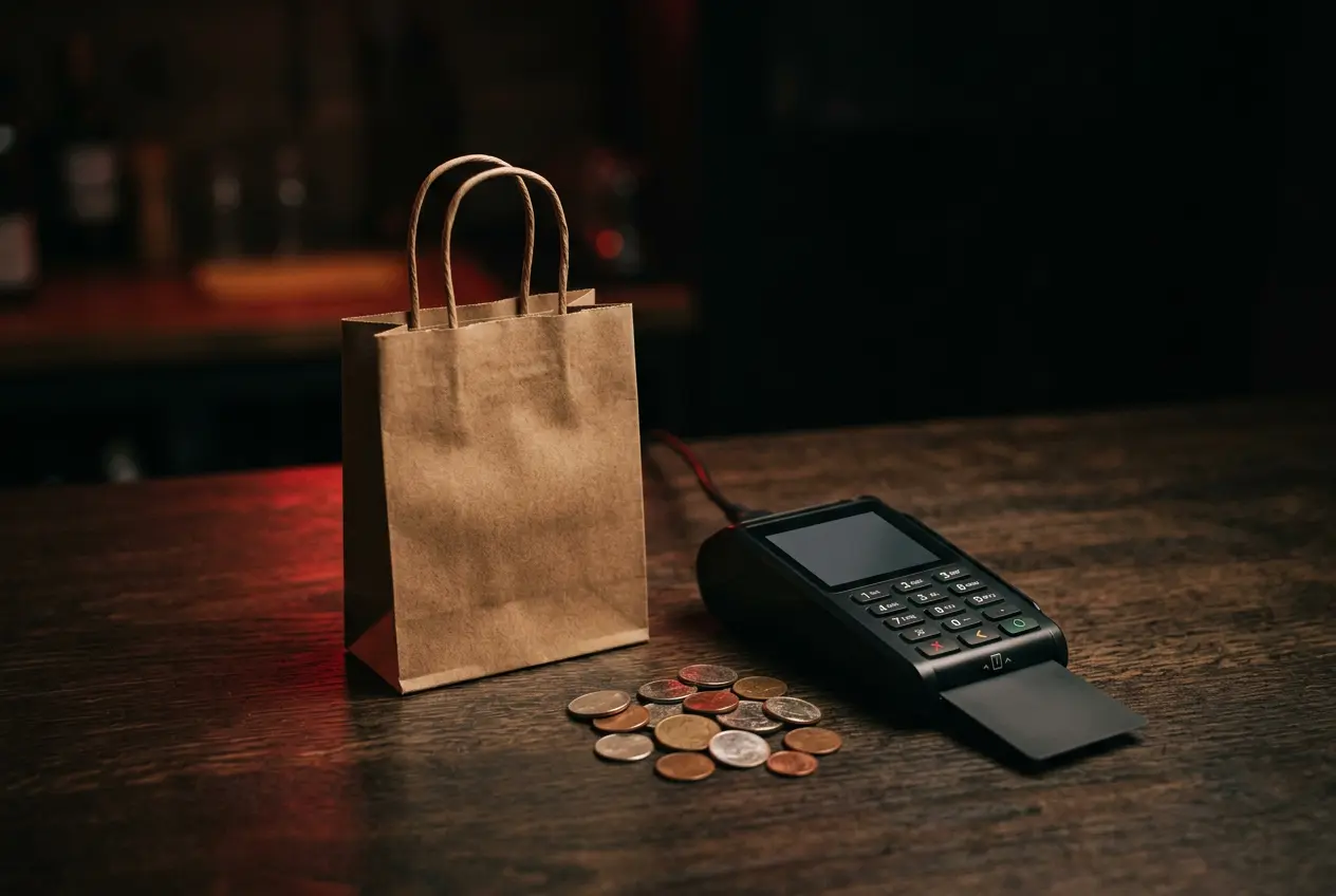 Shopping bag icon sculpture with coins