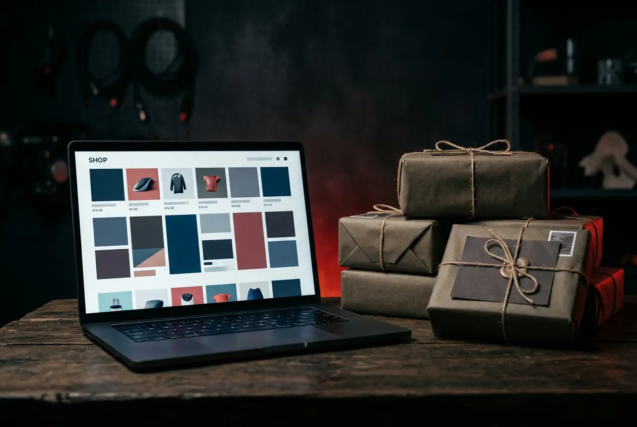 Online store on a laptop next to wrapped parcels