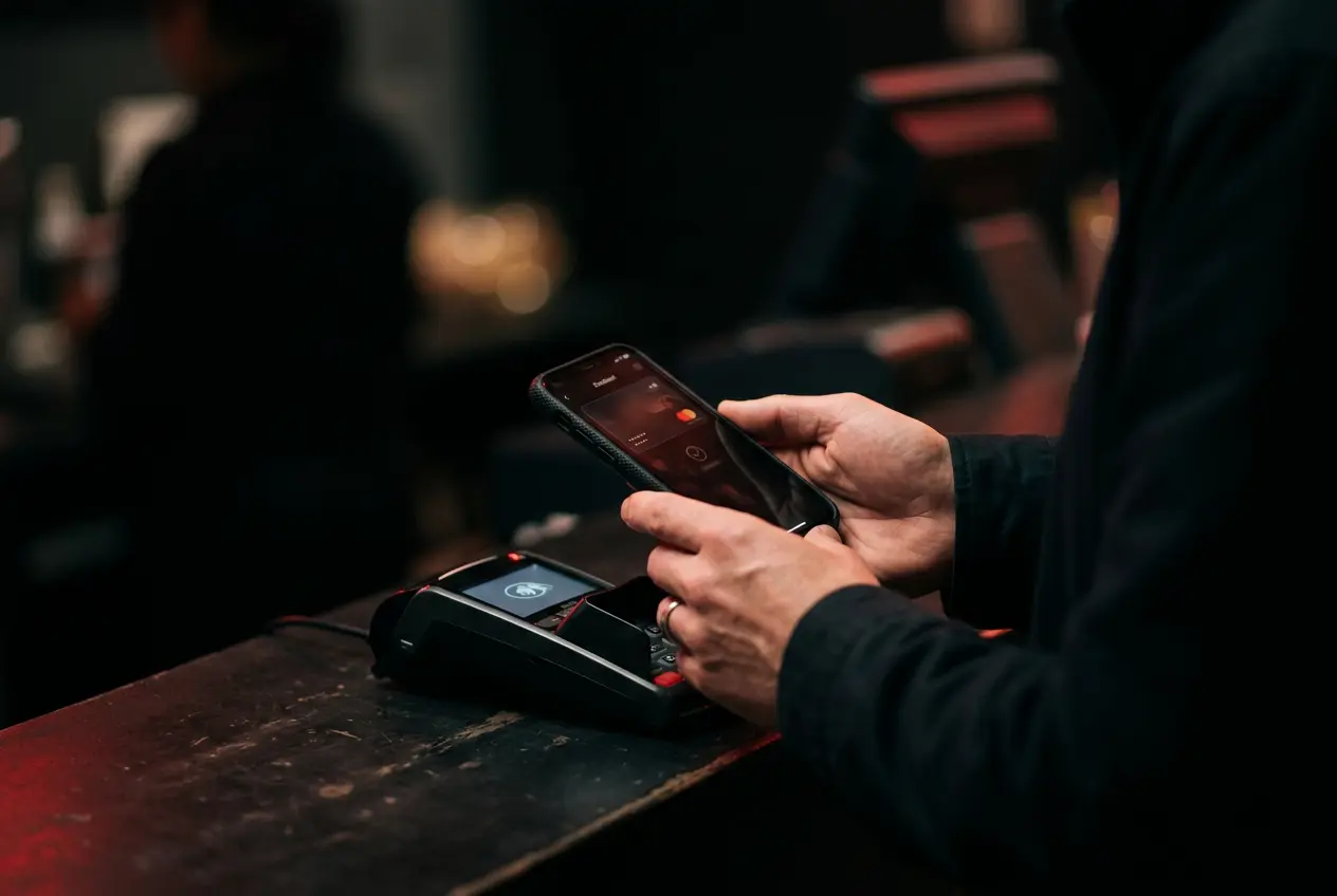 Hands holding a phone at an online checkout
