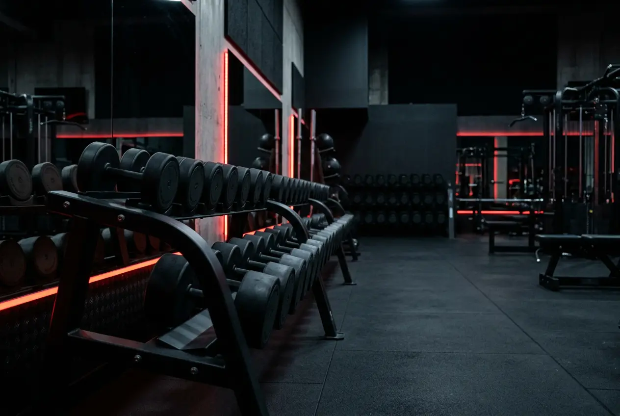 Gym with weights and red accent lighting
