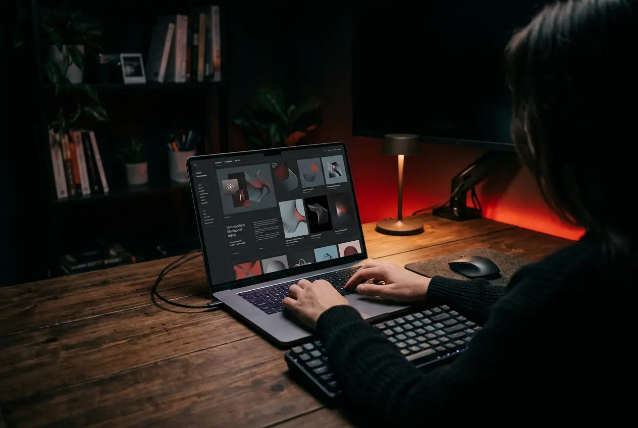 Bilingual website on a laptop in a home office