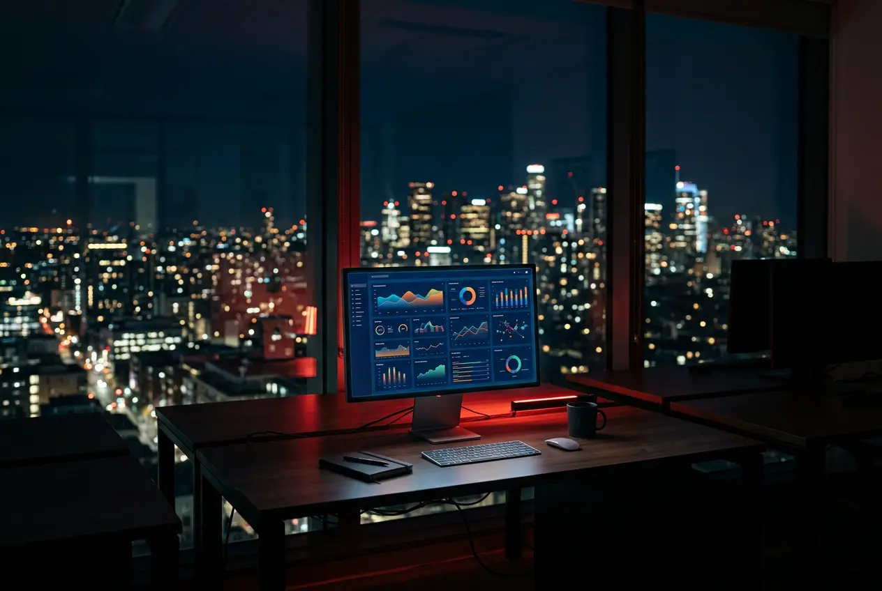 Marketing dashboard on a monitor in a Houston office