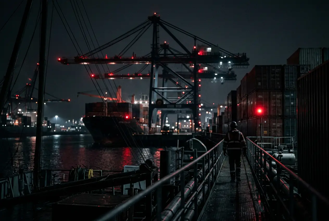 Industrial district at night with red lights