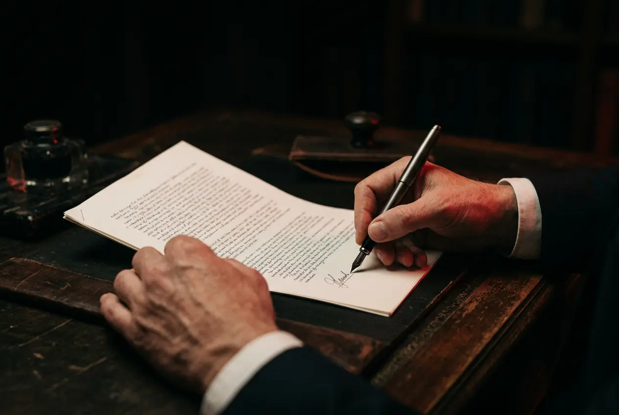 Hands signing a policy document