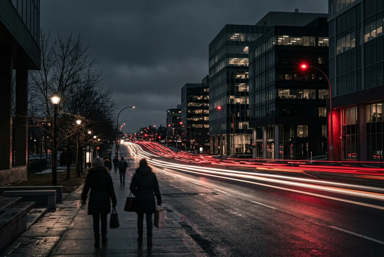 Modern office towers in Laval at dusk