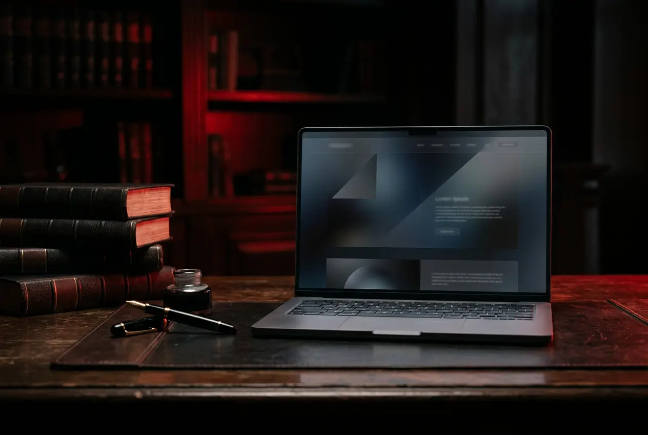 Law books and a laptop on a dark wooden desk