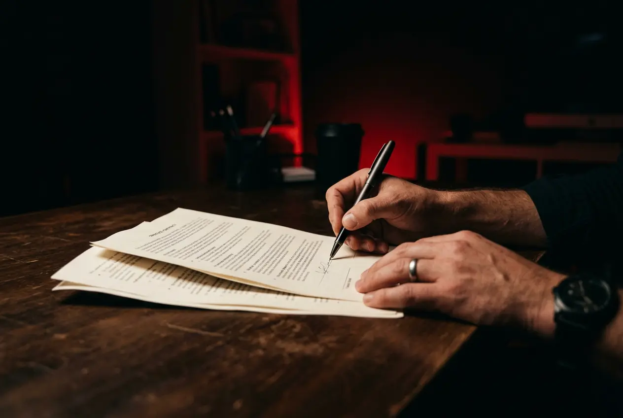 Hands reviewing a contract with a pen
