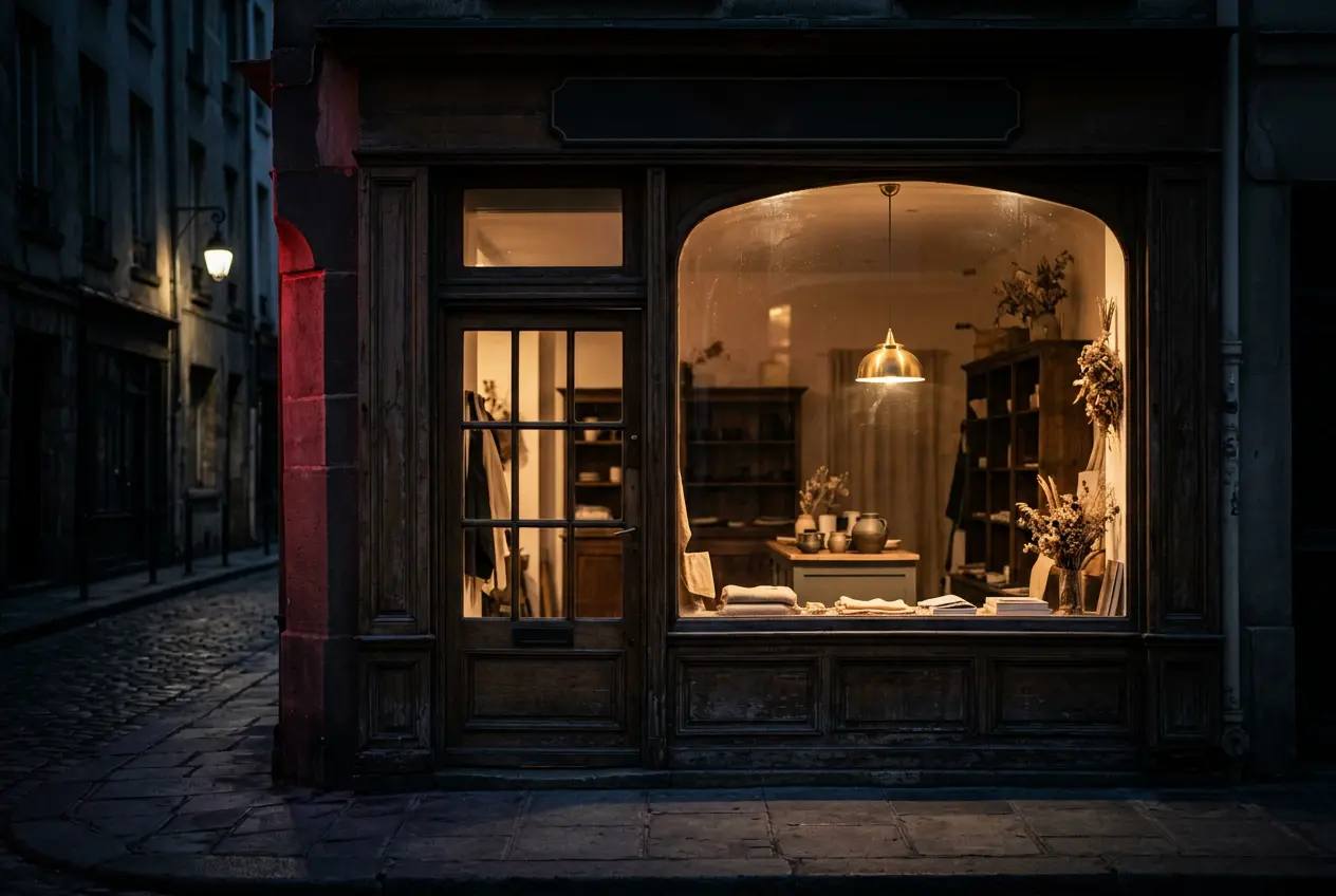 Small shop storefront at dusk