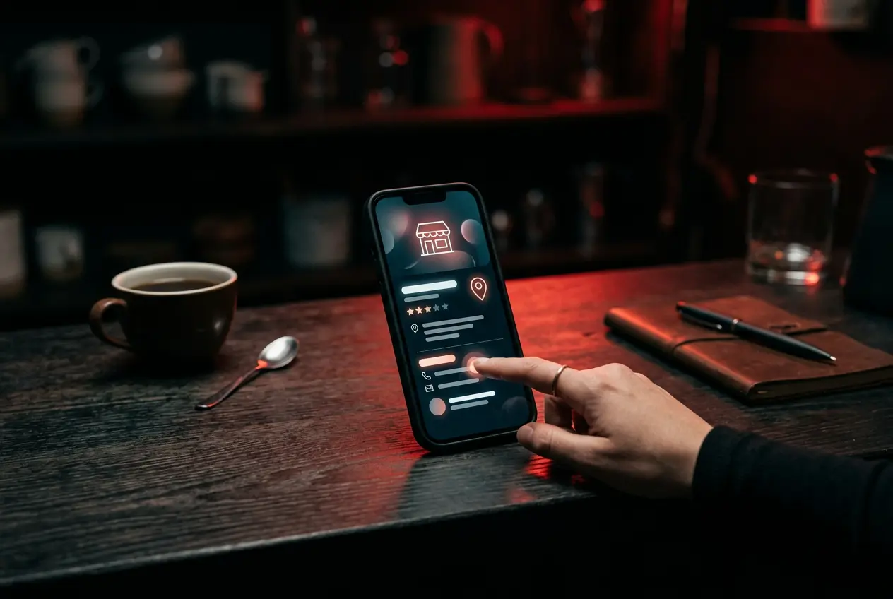 Phone showing a local business listing on a counter