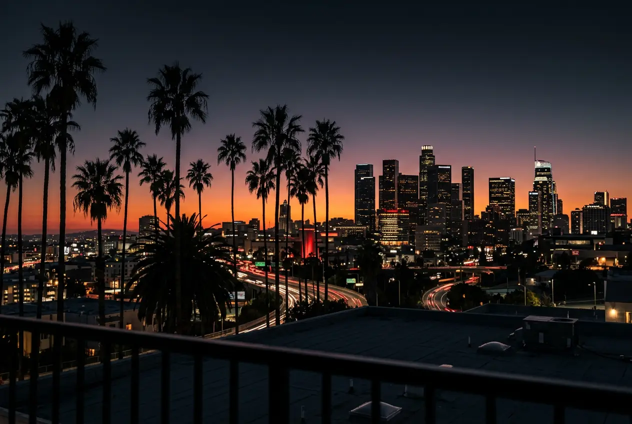 Los Angeles skyline at sunset with palm trees