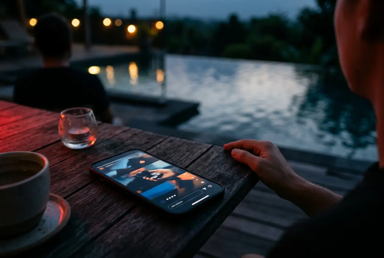 Phone showing social video content by a pool