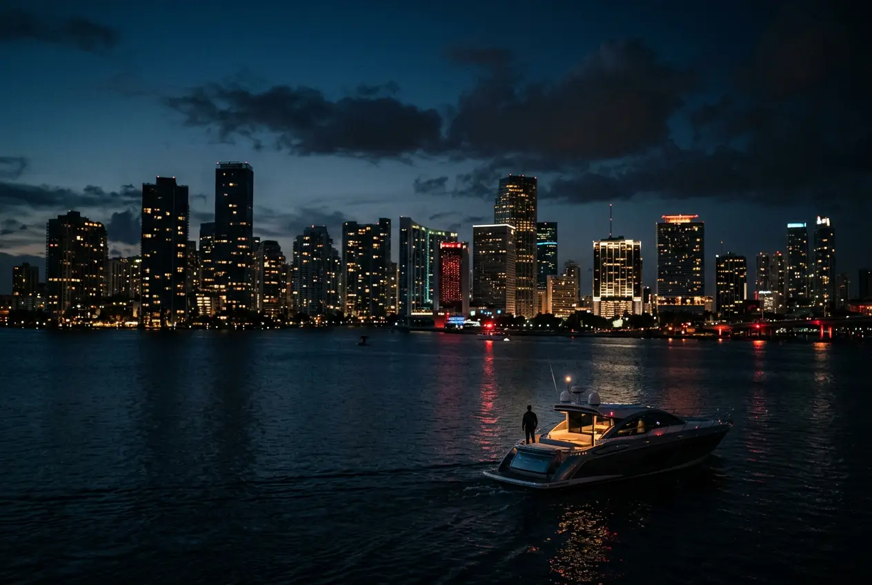 Miami skyline and bay at twilight