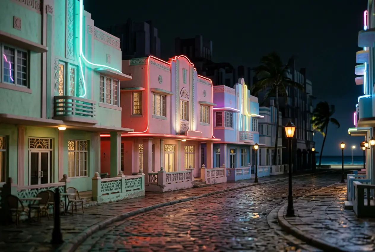 Ocean Drive style street with neon at night