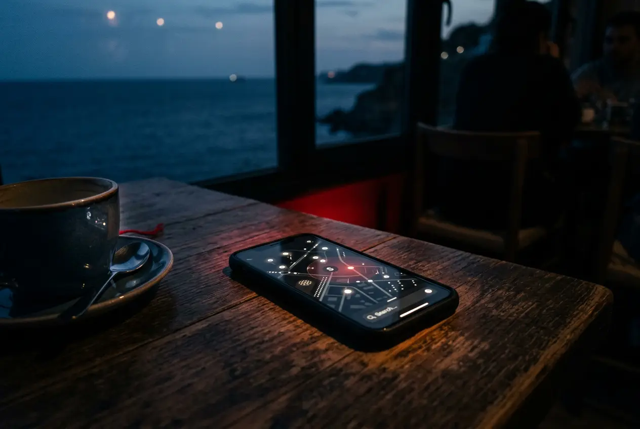 Phone with a local map search on a beach café table