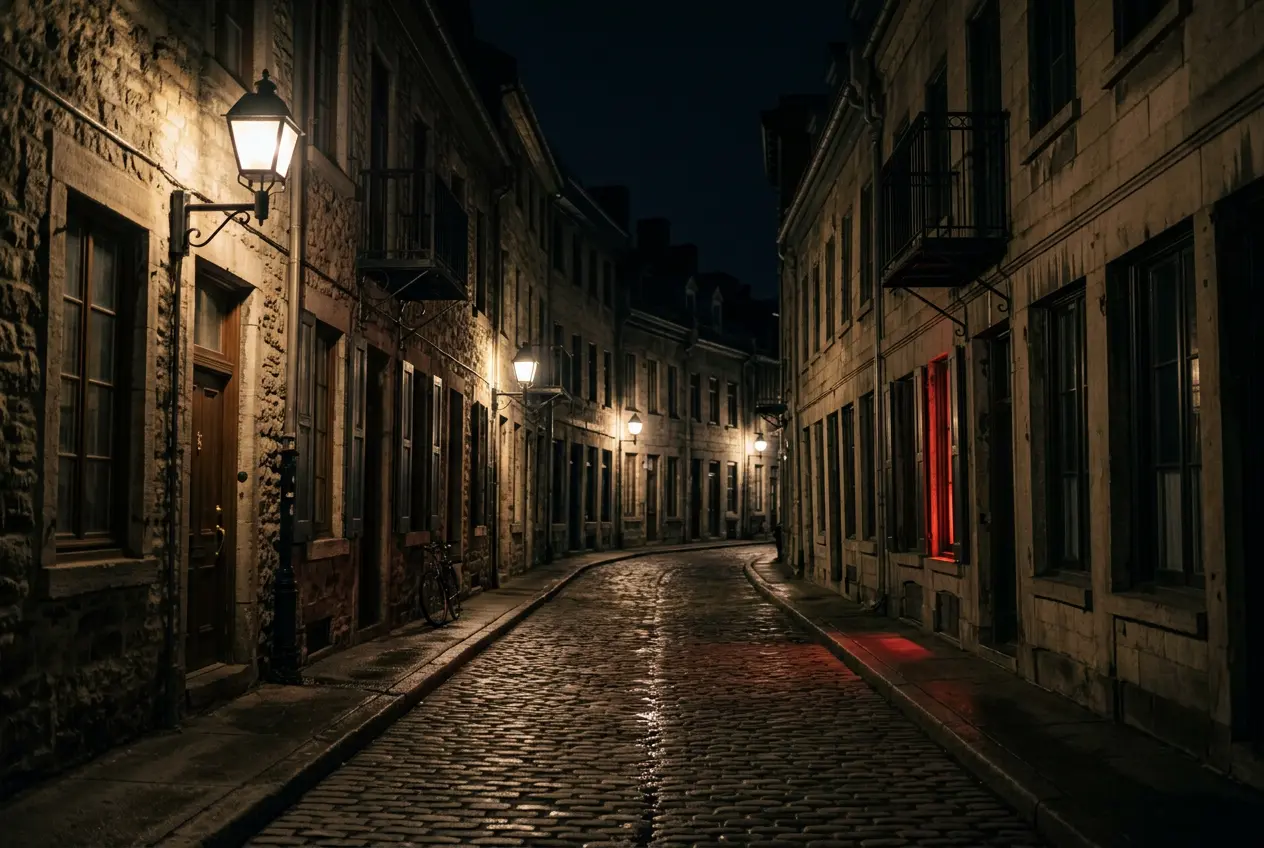 Old Montréal cobblestone street at night