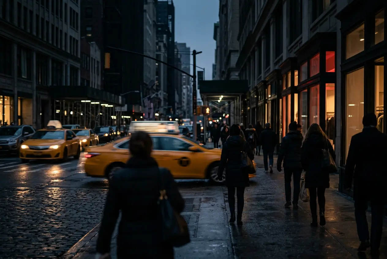 Busy New York street at dusk with storefronts
