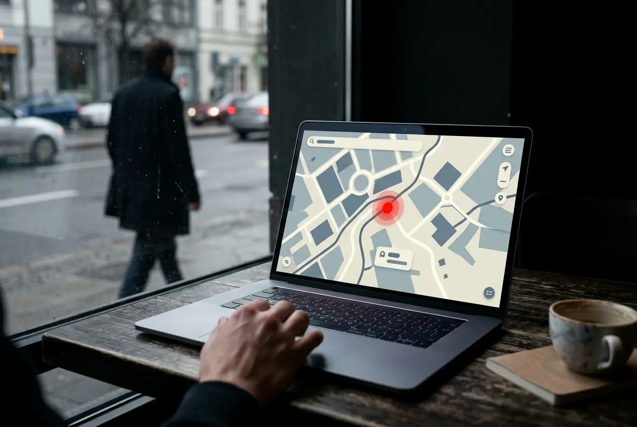 Laptop with local search map on a Brooklyn café table