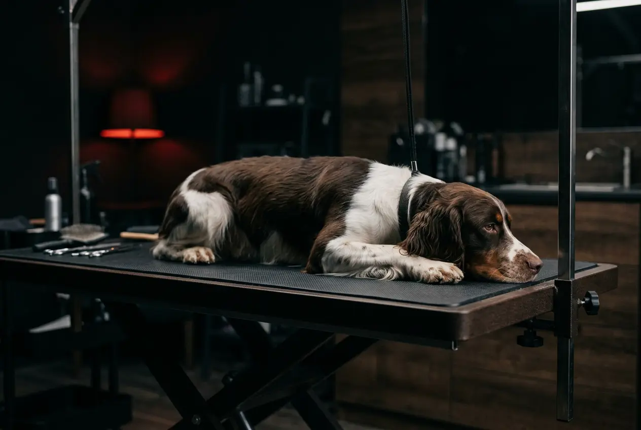 Dog resting on a grooming table in a pet salon