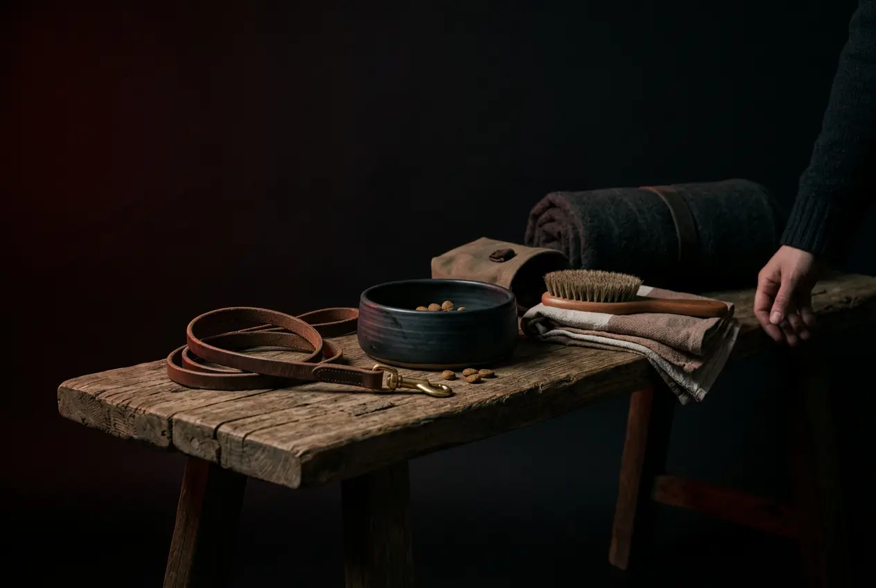 Pet supplies and a leash on a wooden bench