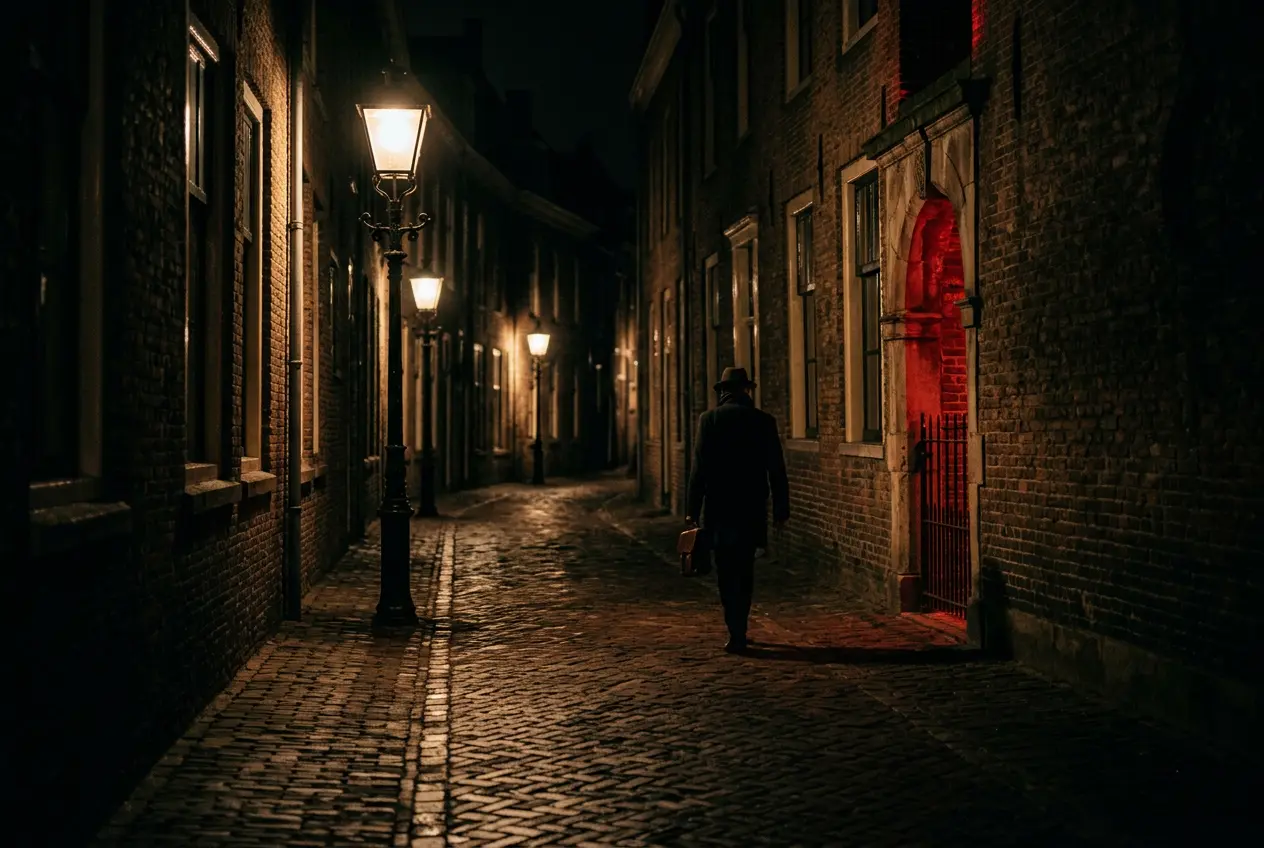 Historic brick street with lamps at night