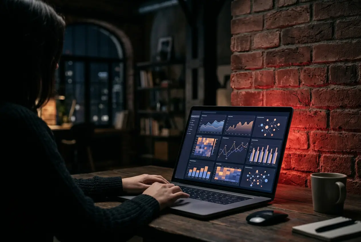 Laptop showing search analytics in a loft office