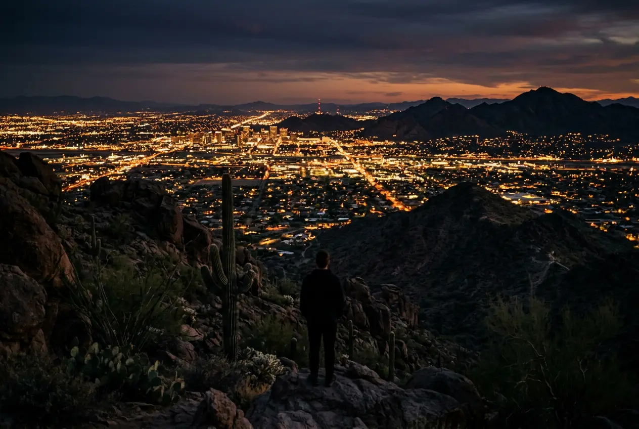 Phoenix city lights with desert mountains at dusk
