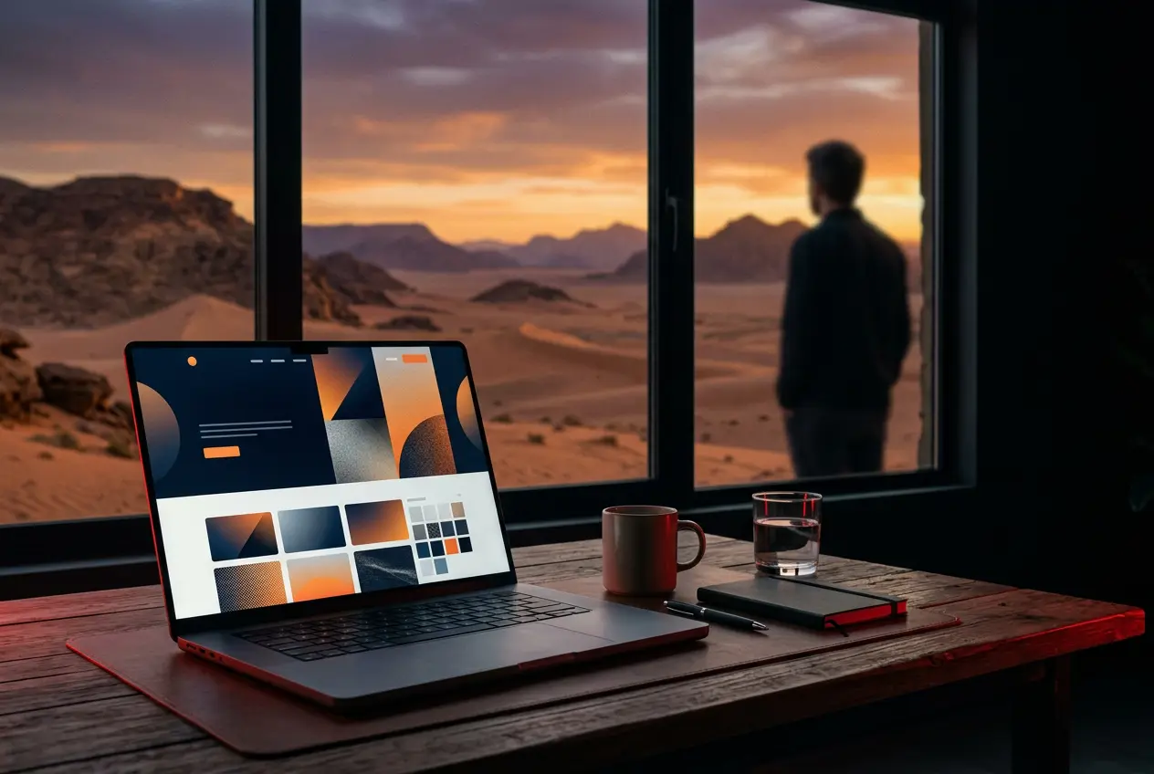 Laptop with a website layout in a desert-view office