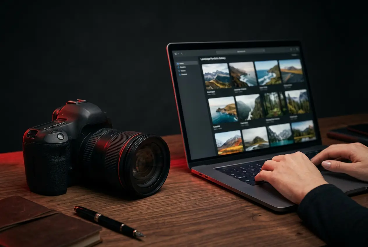 Camera and laptop showing a photo portfolio on a dark desk