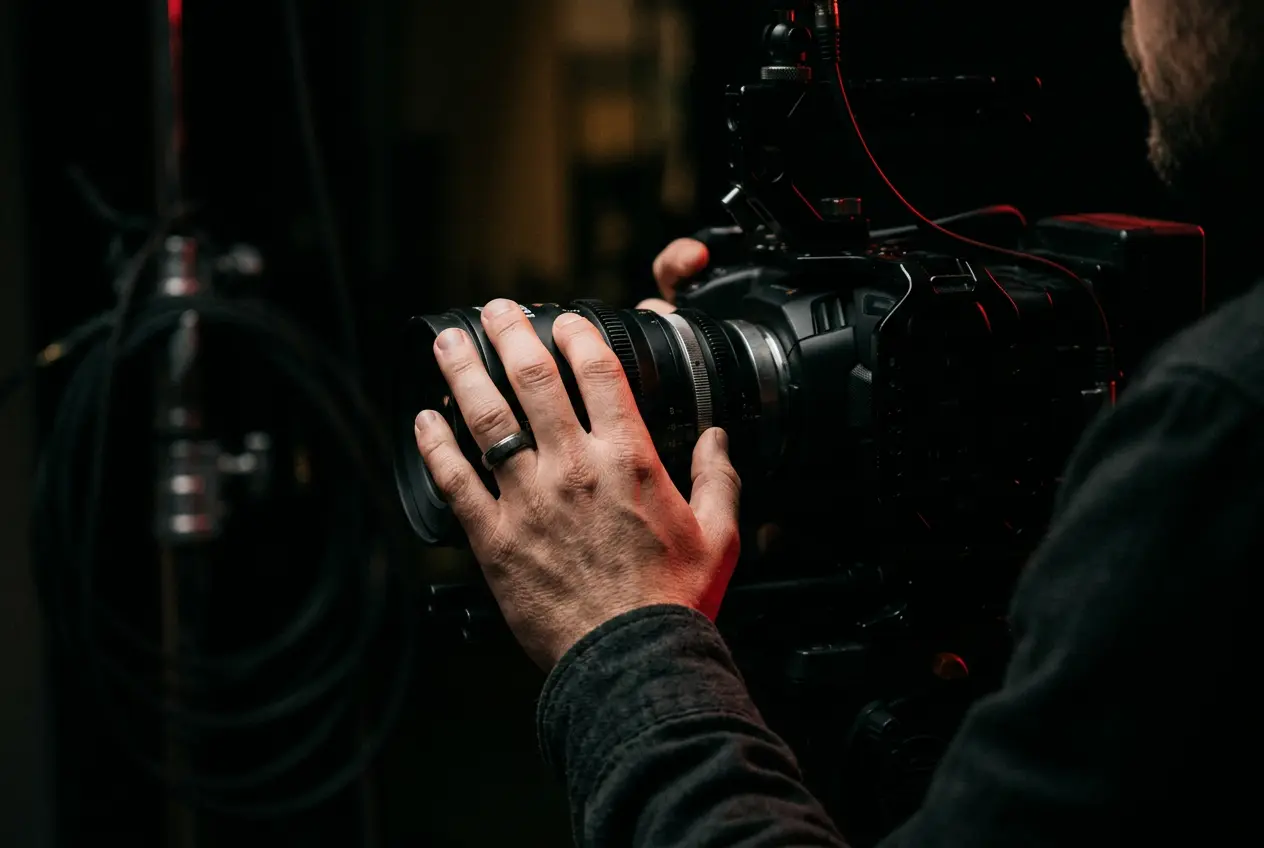 Photographer's hands adjusting a camera lens