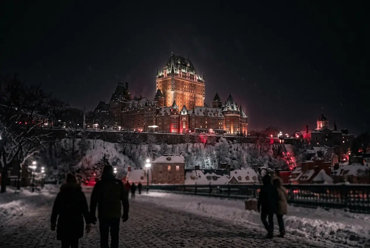Québec City old town with the château at night