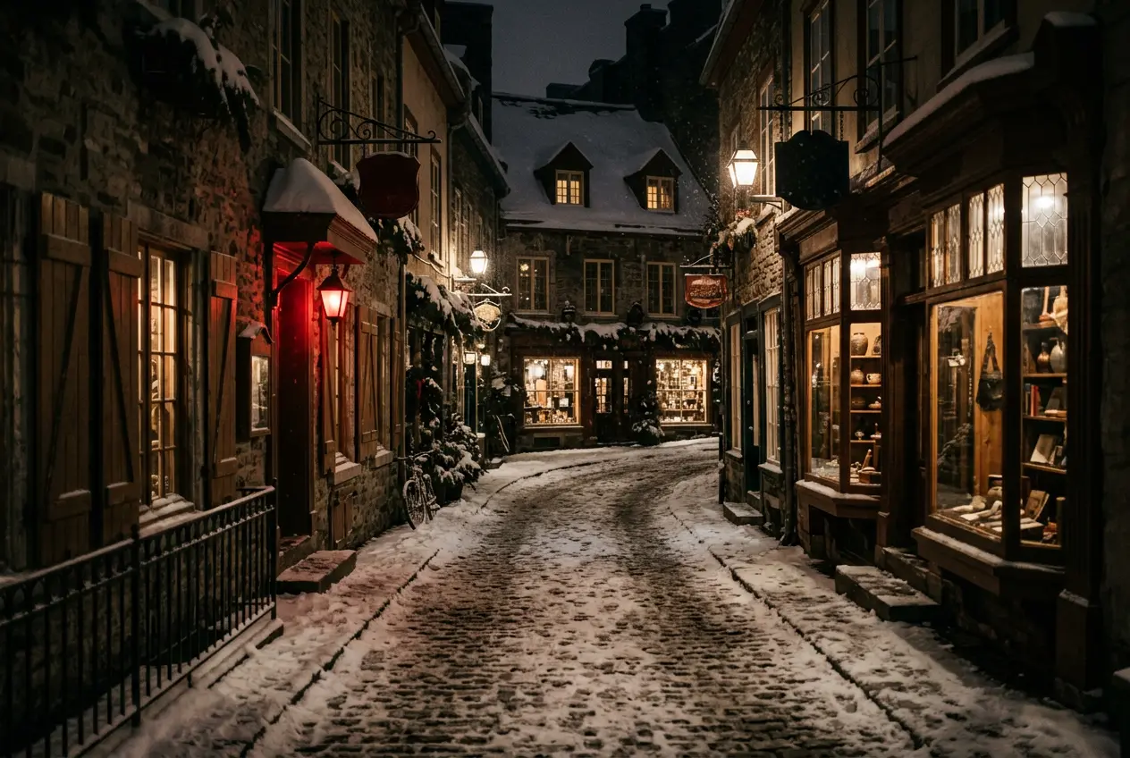 Snowy Petit-Champlain style street at night