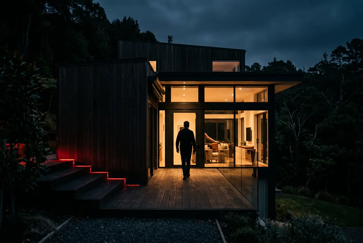 Modern house at dusk with lit windows